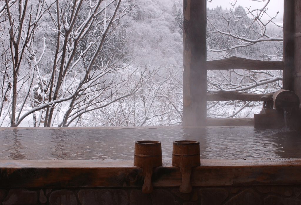 Snowy outdoor onsen in Japan