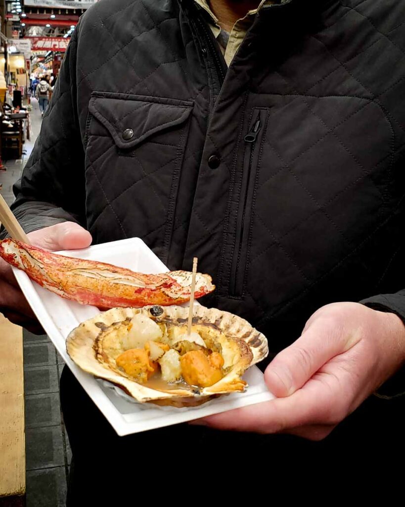 Grilled Crab and Scallops in Osaka Seafood Market