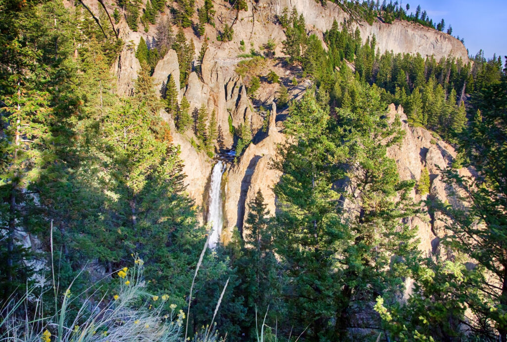 Tiwer Falls is an easy hike to a pretty waterfall in Yellowstone National Park